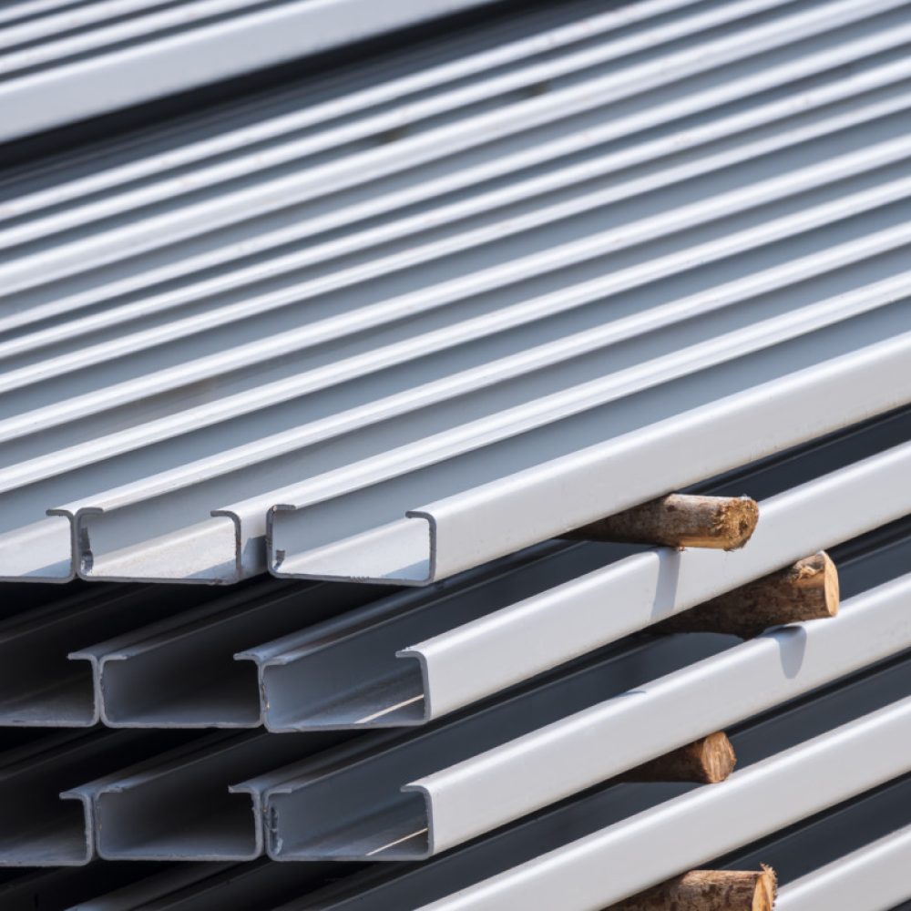 Stack of lip channel steel material in gray rustproof color in construction site area